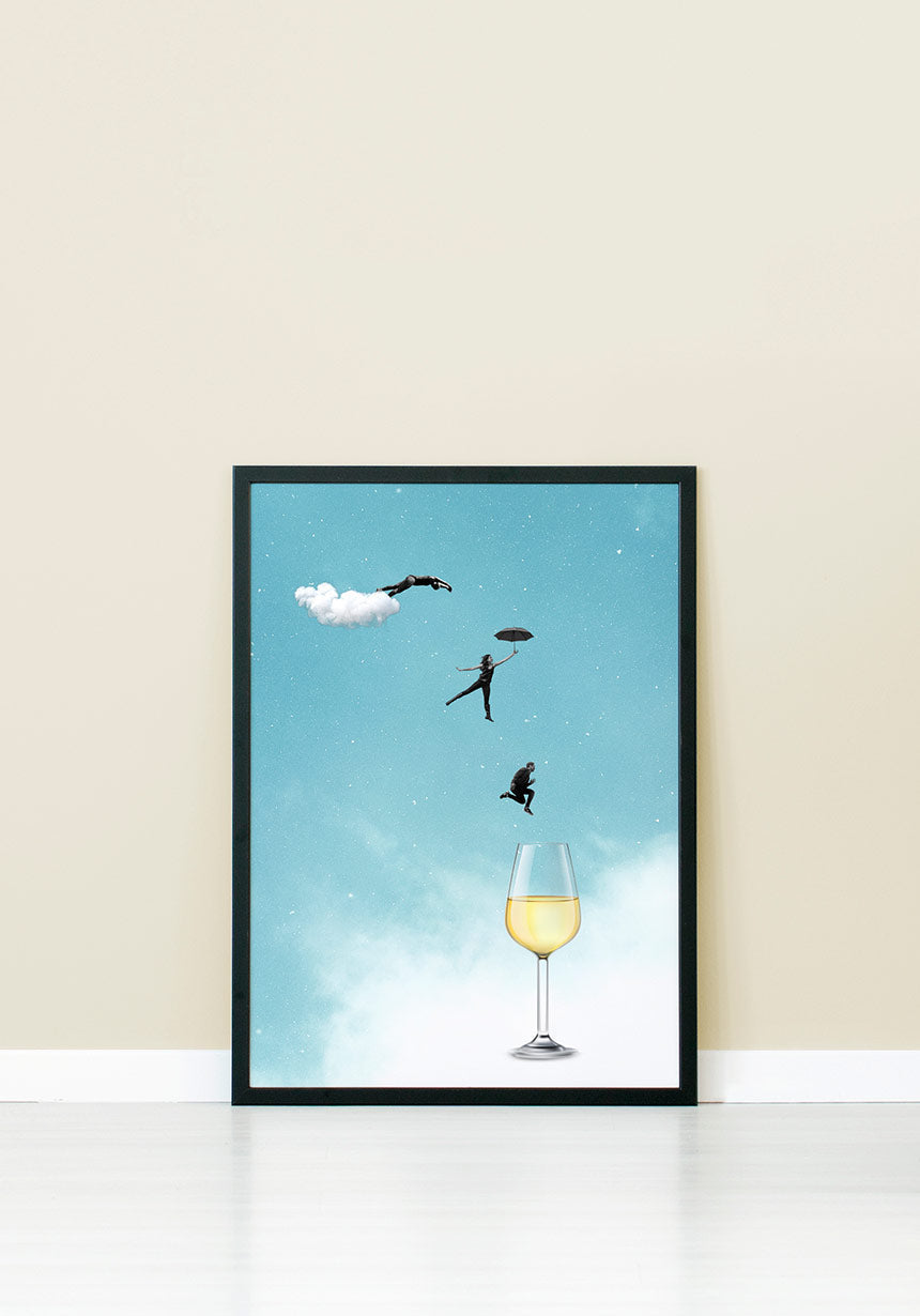 Poster leap into white wine glass on wall leaning