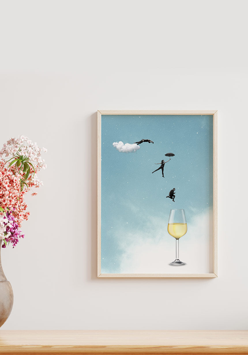 Poster leap into white wine glass in wooden frame
