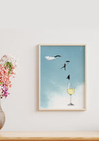 Poster leap into white wine glass in wooden frame