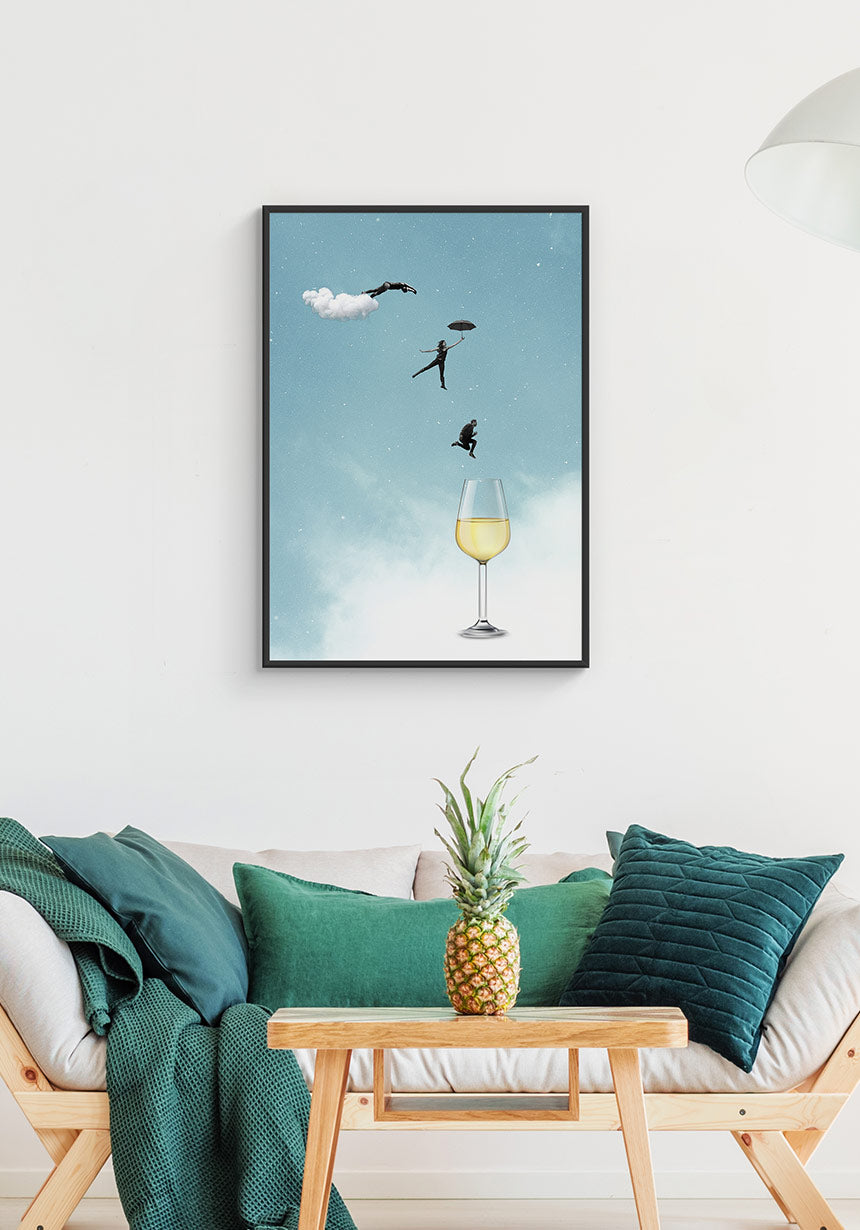 Poster leap into white wine glass via sofa
