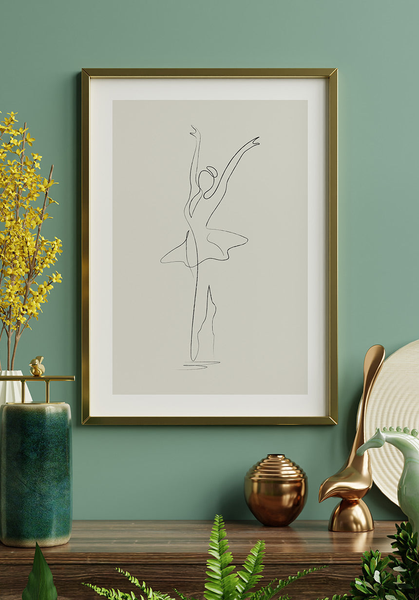 Line Art Poster Ballet Dancer Golden Frame