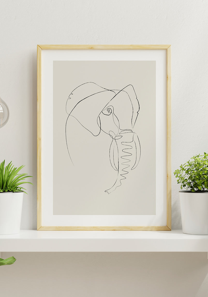 Poster Line Art Elephant Wooden Frame
