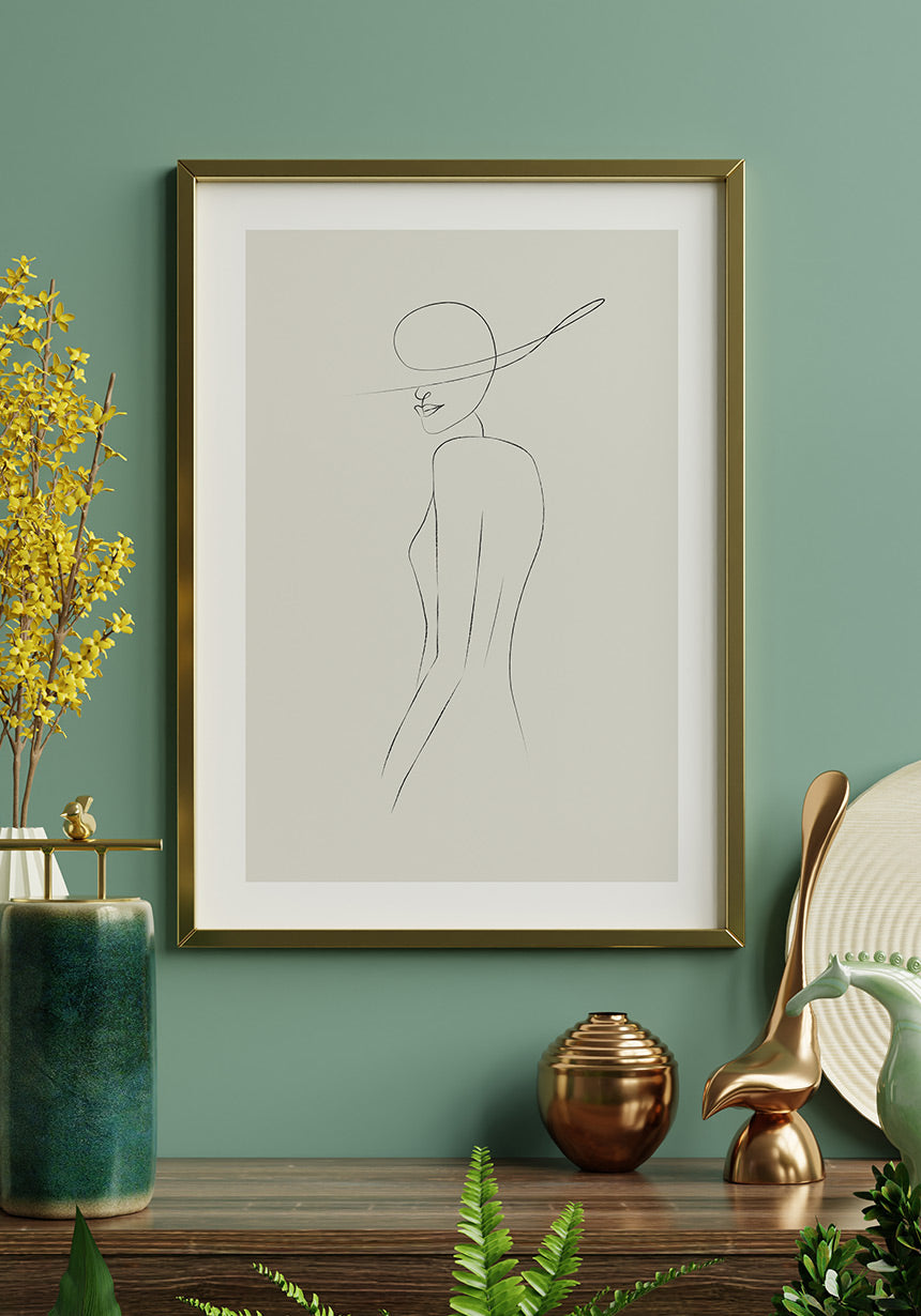 Line Art Poster Woman with hat golden frame