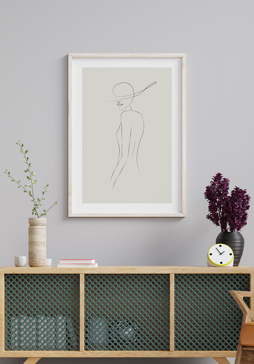 Line Art Poster Woman with hat olive green