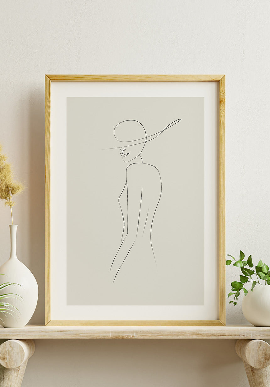 Line Art Poster Woman with Hat for Home