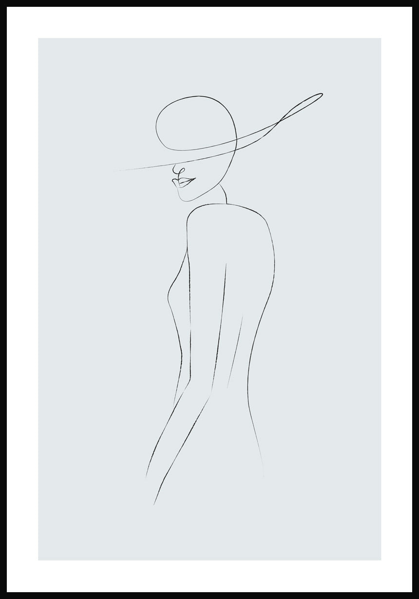 Line Art Poster Woman with Hat Grey Blue