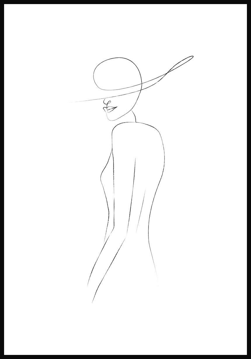 Line Art Poster Woman with Hat White