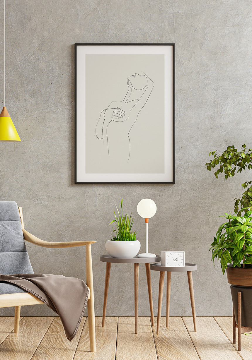 Poster Line Art sensual woman cover chest with picture frame