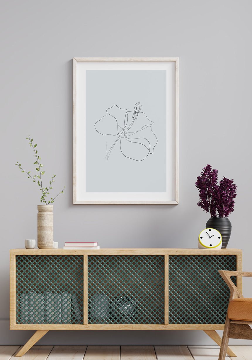Line Art Poster Hibiskus Bloom Blue