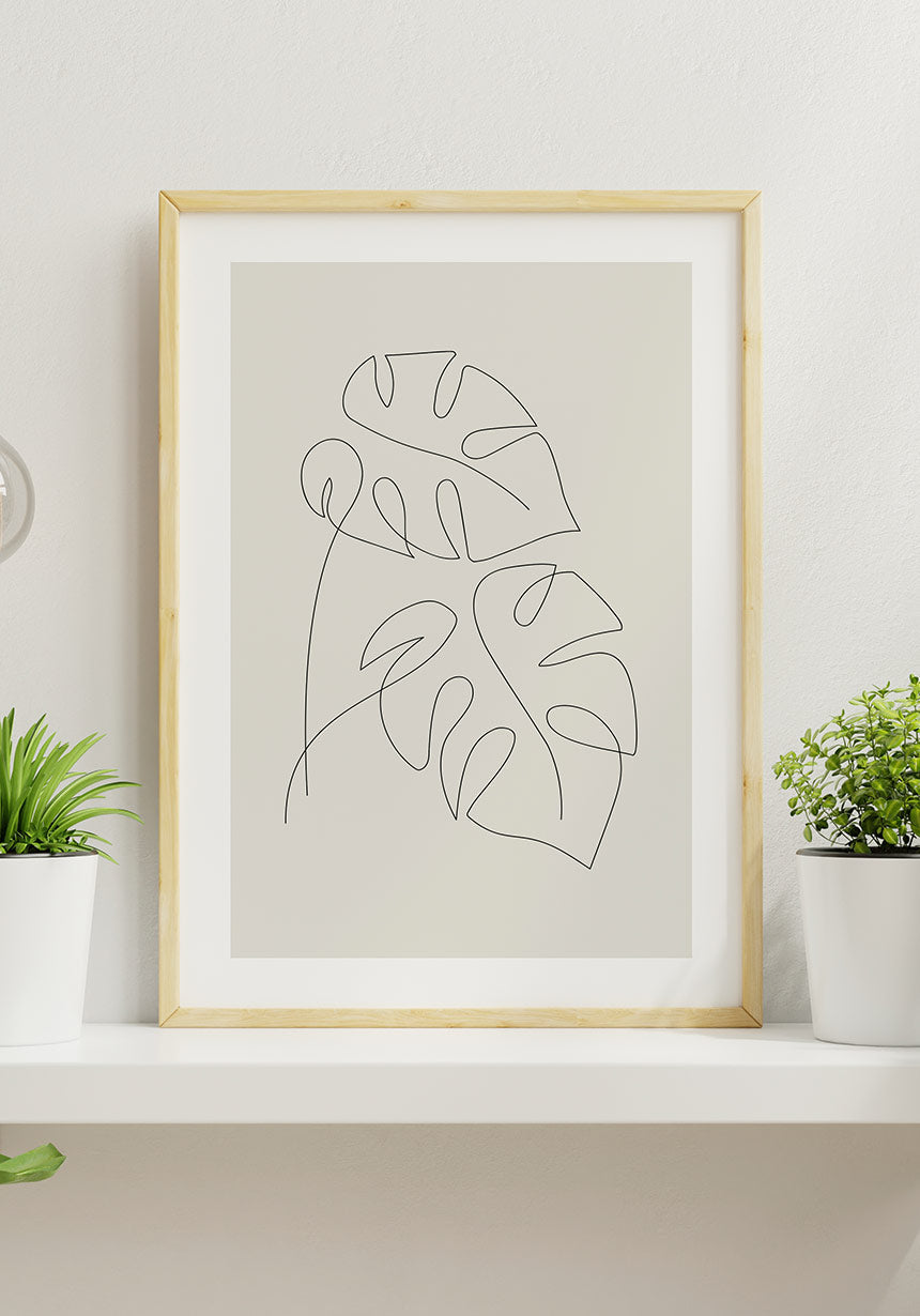 Line Art Poster Monstera leaves olive green
