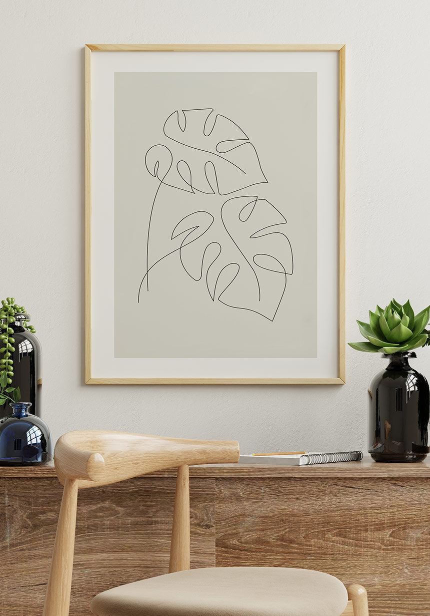 Line Art Poster Monstera Leaves in Wooden Frame