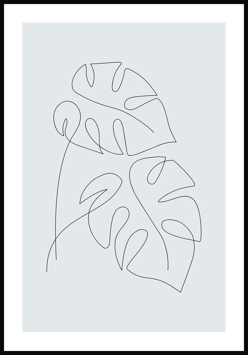 Line Art Poster Monstera Leaves Grey Blue