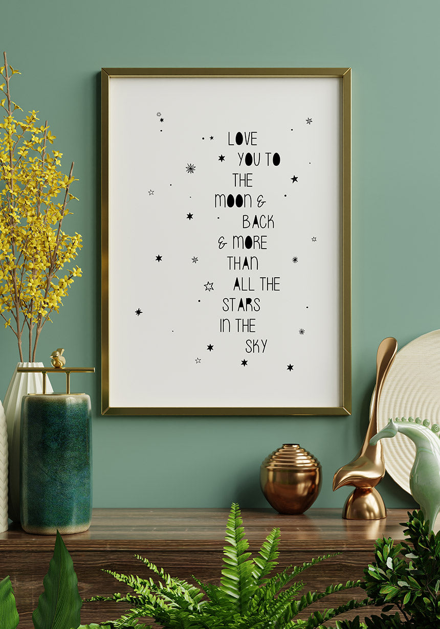 Spruch Poster love you to the moon and back in gold frame