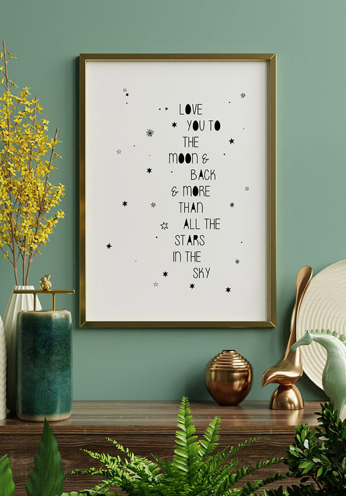 Spruch Poster love you to the moon and back in gold frame