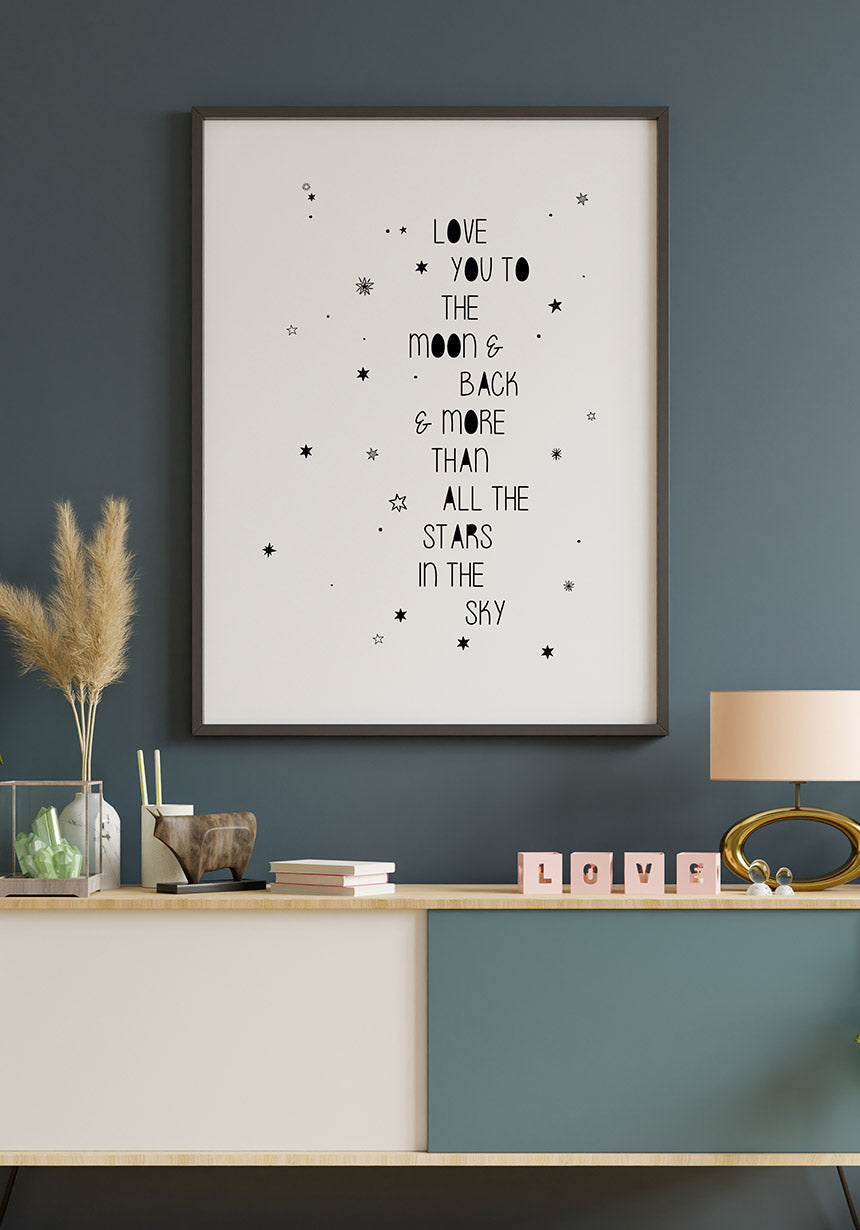 Spruch Poster love you to the moon and back on blue wall