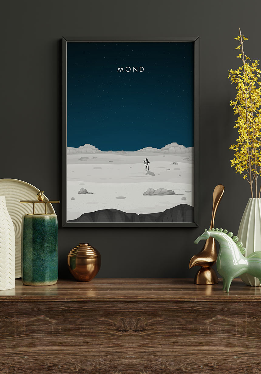 Illustrated Poster Moon with Astronaut Image Wall