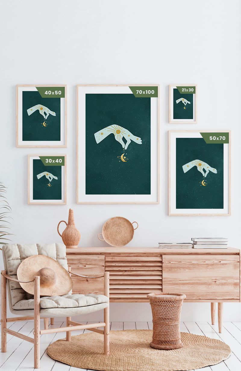 Mystical Hand Holds Half Moon Poster Sizes