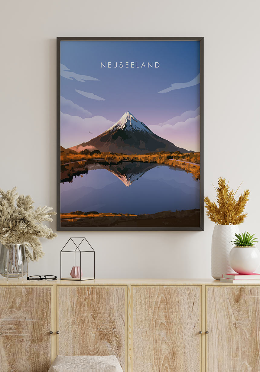 Illustrated poster New Zealand with volcano frame