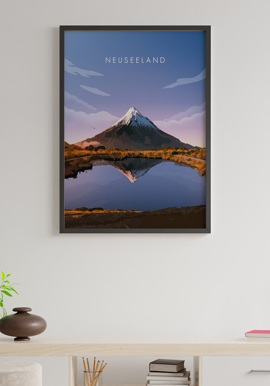 Illustrated poster New Zealand with volcano wall deco