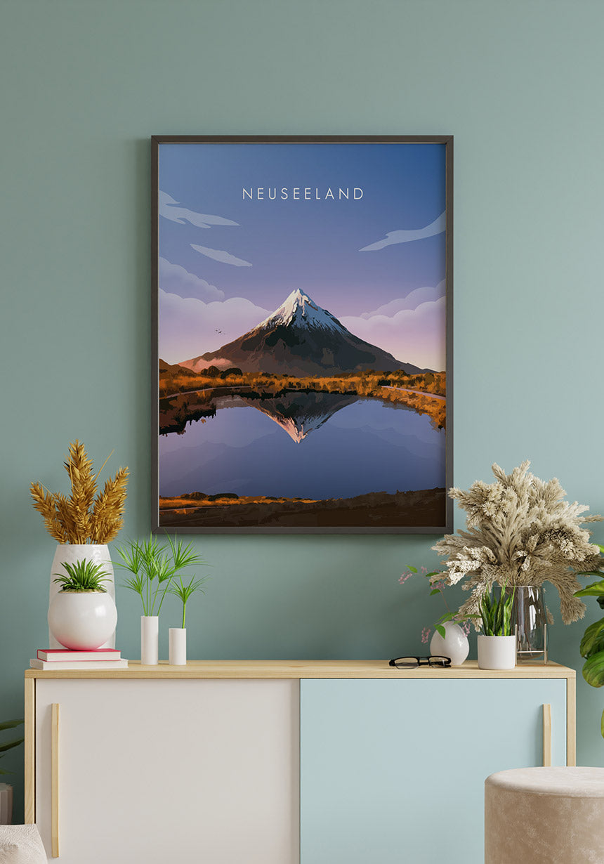 Illustrated poster New Zealand with volcano golden frame