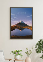 Illustrated poster New Zealand with volcano mirroring
