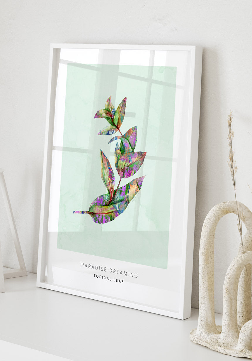 Poster tropical palm leaf in white frame