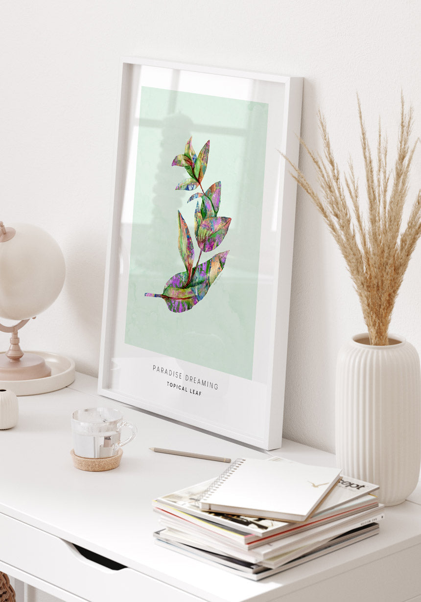Poster tropical palm leaf at the desk