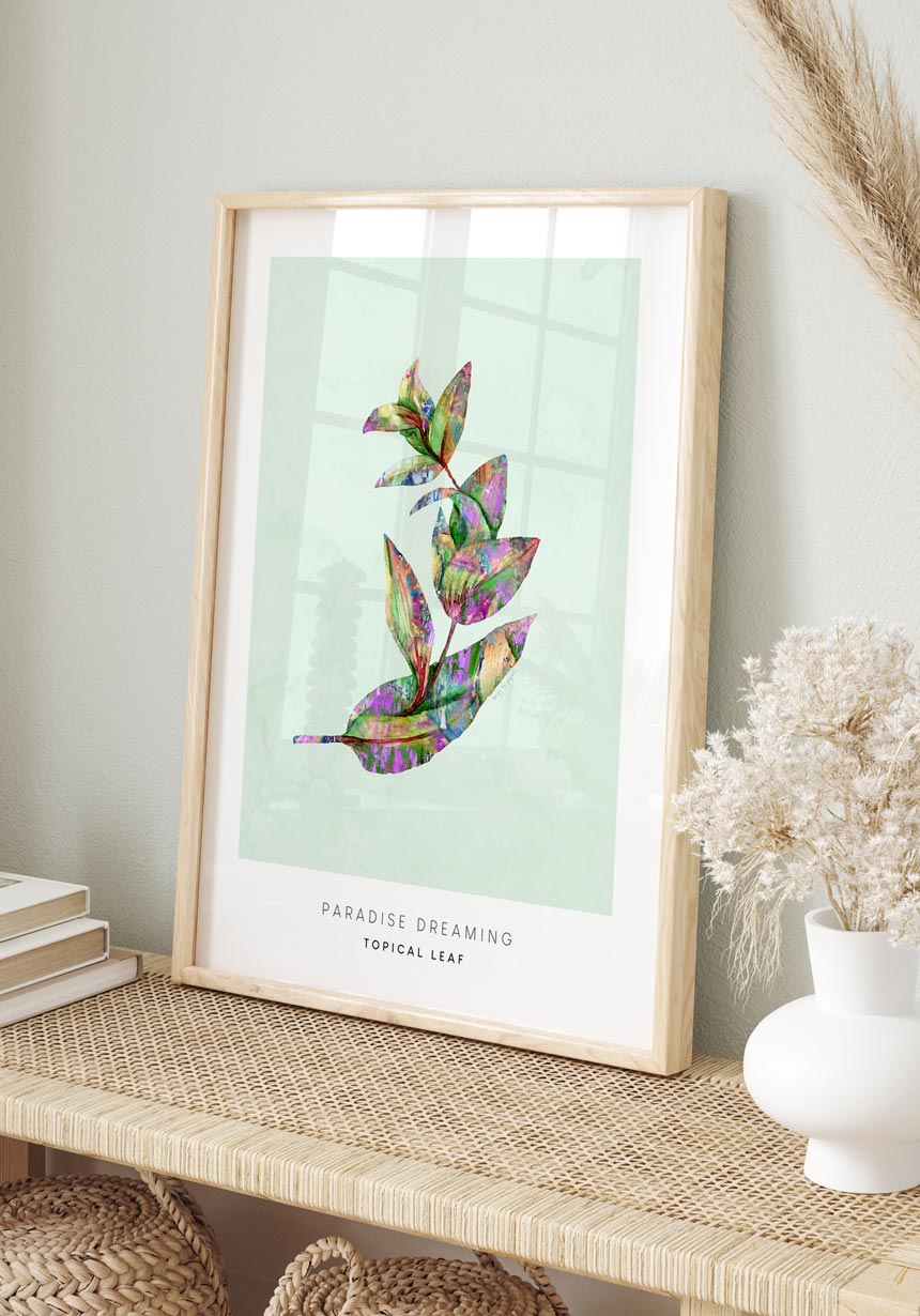 Poster tropical palm leaf in wooden frame
