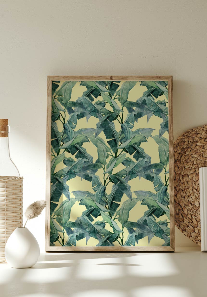 Poster banana leaves texture in wooden frame