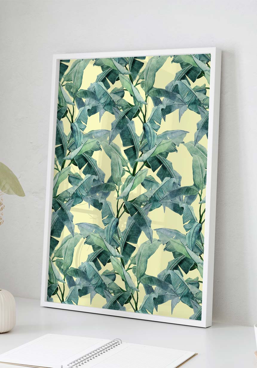 Poster banana leaves texture in white frame