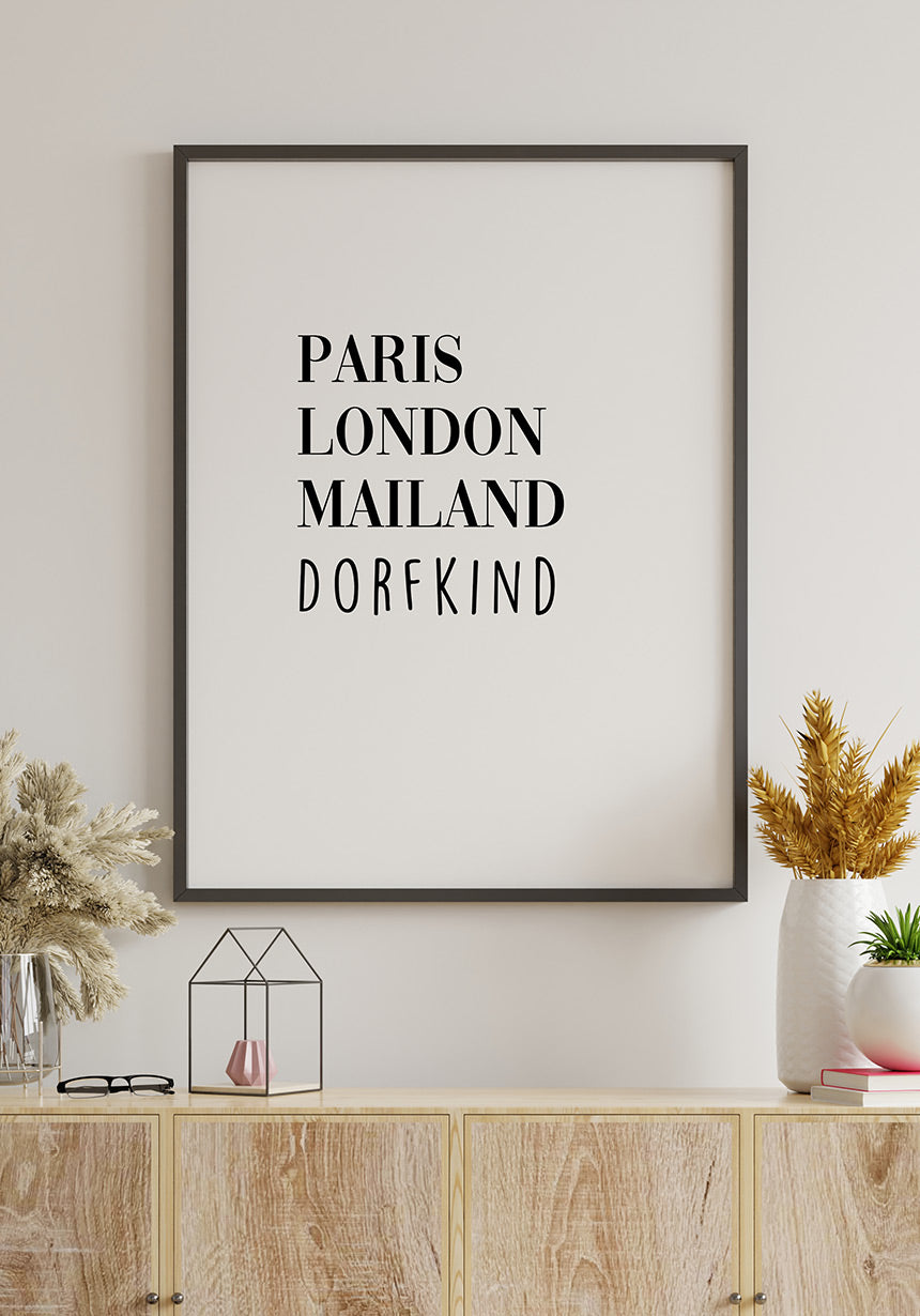 Paris London Milan village child poster black frame