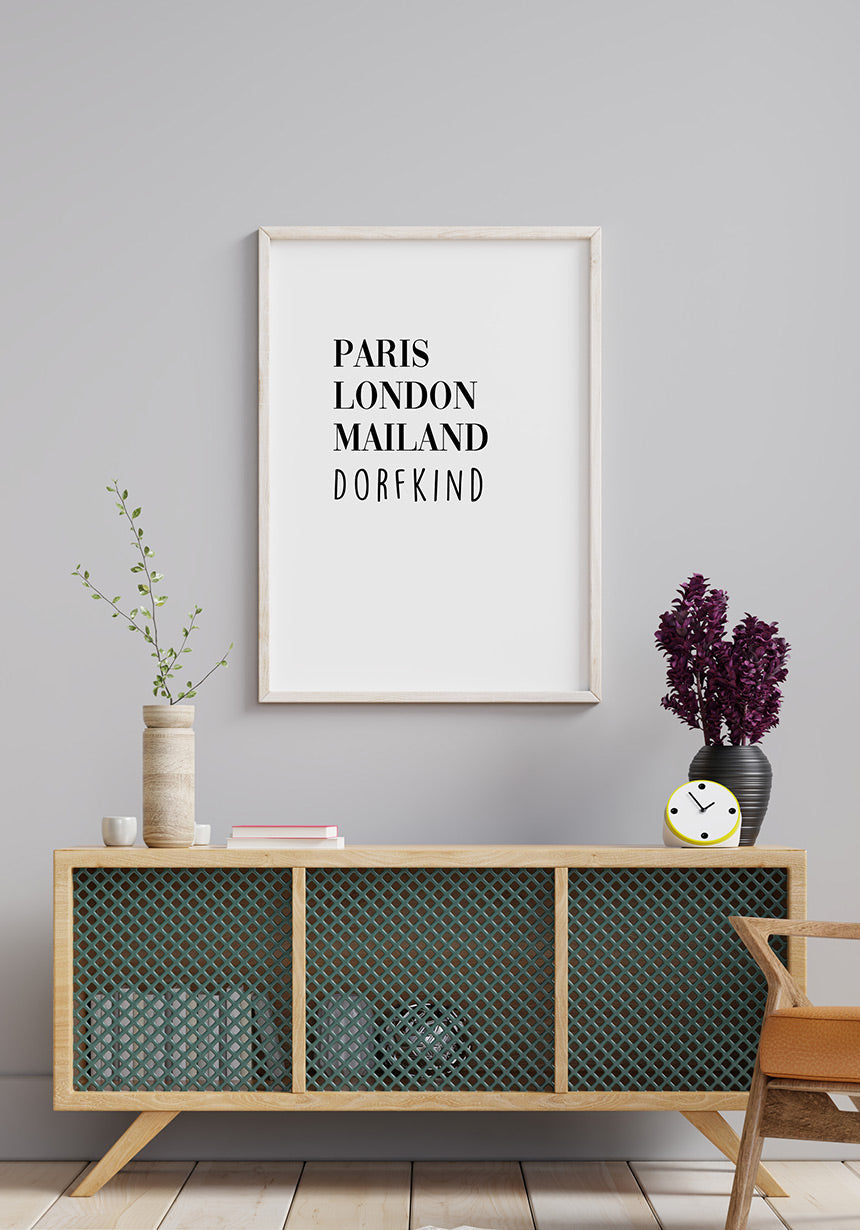 Paris London Milan village child poster white frame