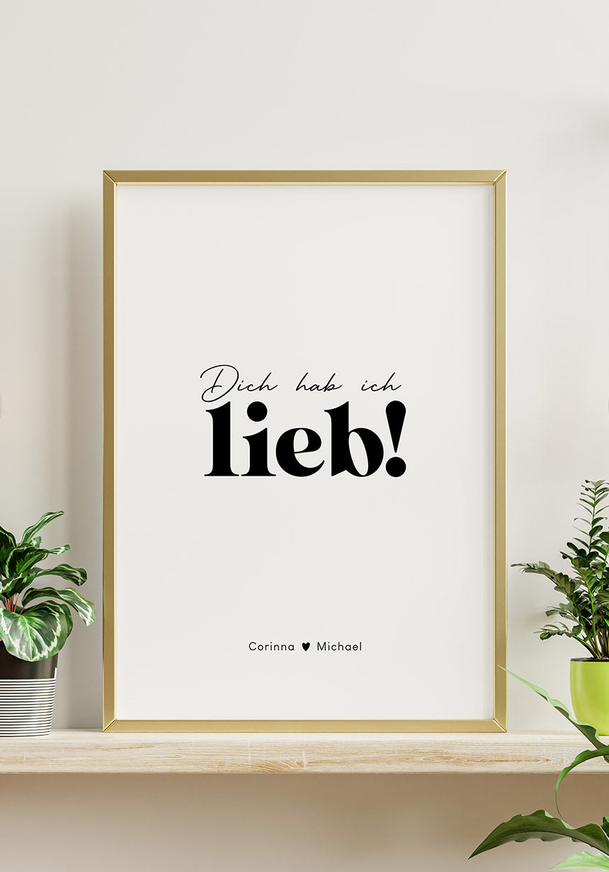 Poster personalisiert dich hab ich lieb im goldenen Rahmen