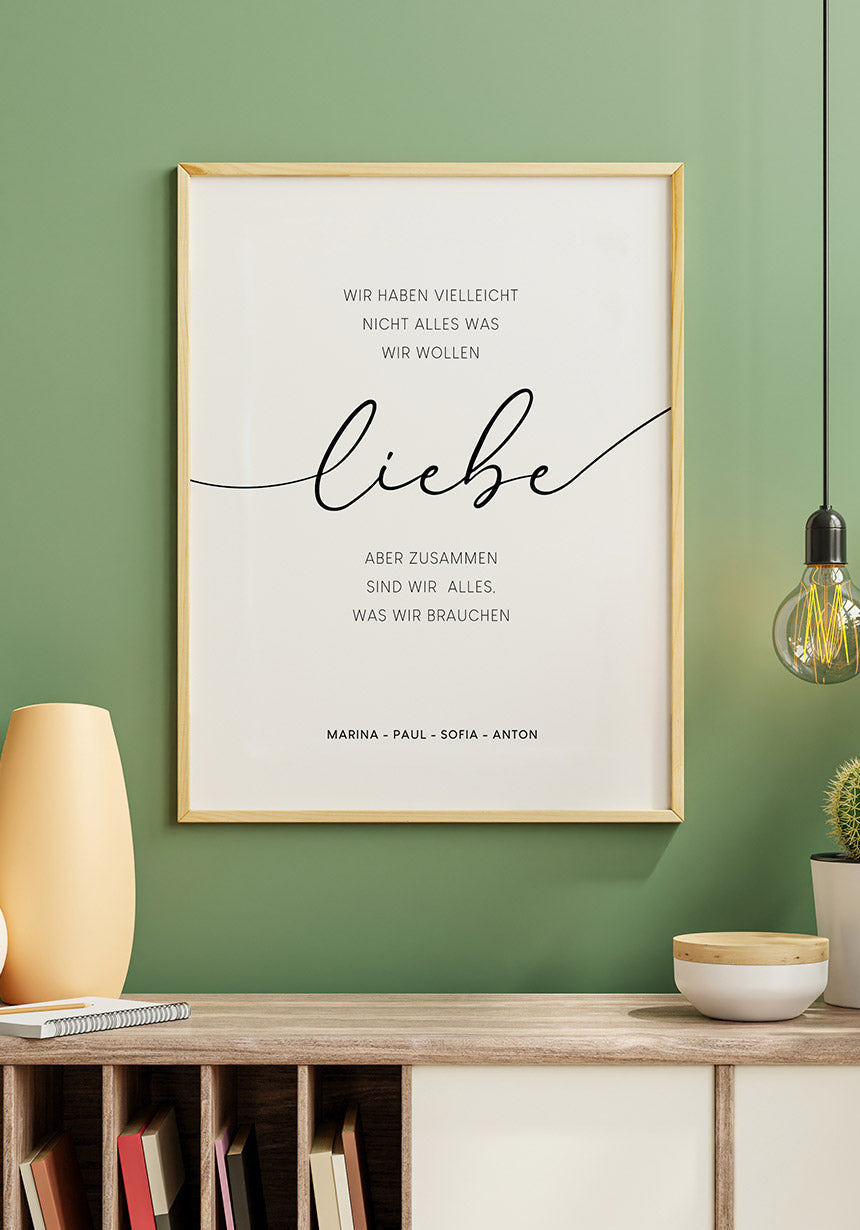 Poster personalisiert Familienspruch mit Liebe im Holzrahmen