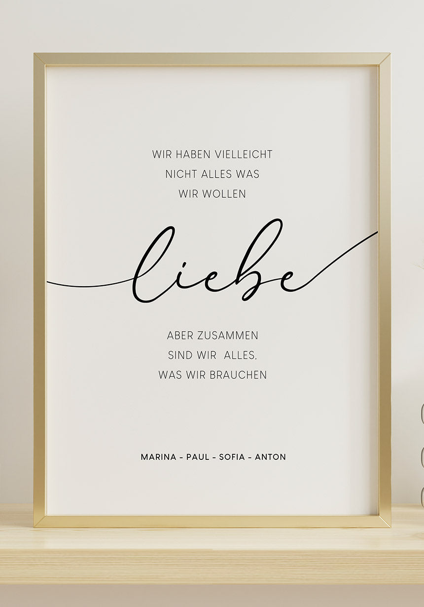 Poster personalisiert Familienspruch mit Liebe im goldenen Rahmen