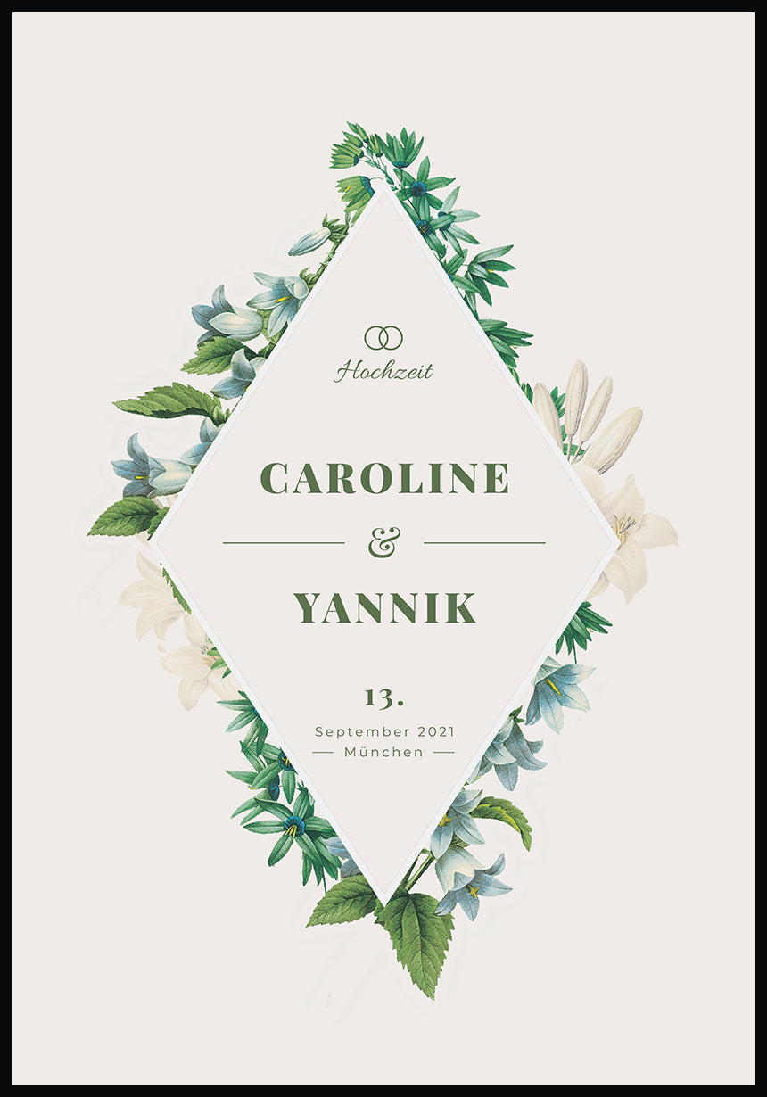 Personalisierbares Poster zur Hochzeit mit Blumen