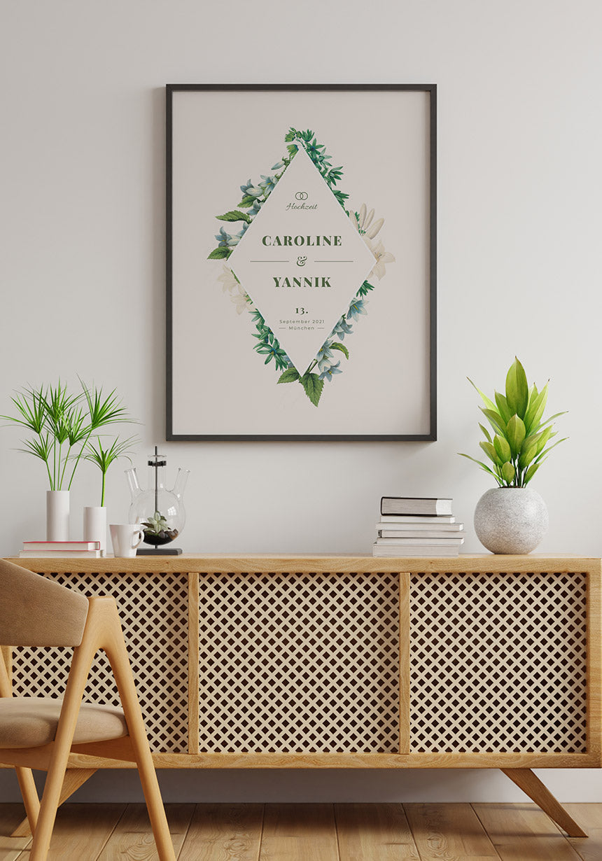 Personalisierbares Poster zur Hochzeit mit Blumen Wunderschön