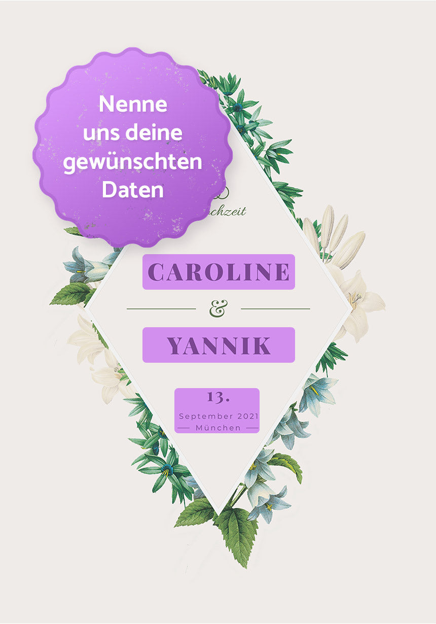 Personalisierbares Poster zur Hochzeit mit Blumen gewünschte Daten