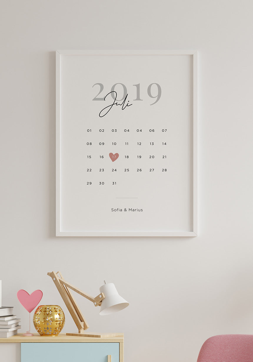 Personalisierbares Poster Kalender Jahrestag im weißen Rahmen