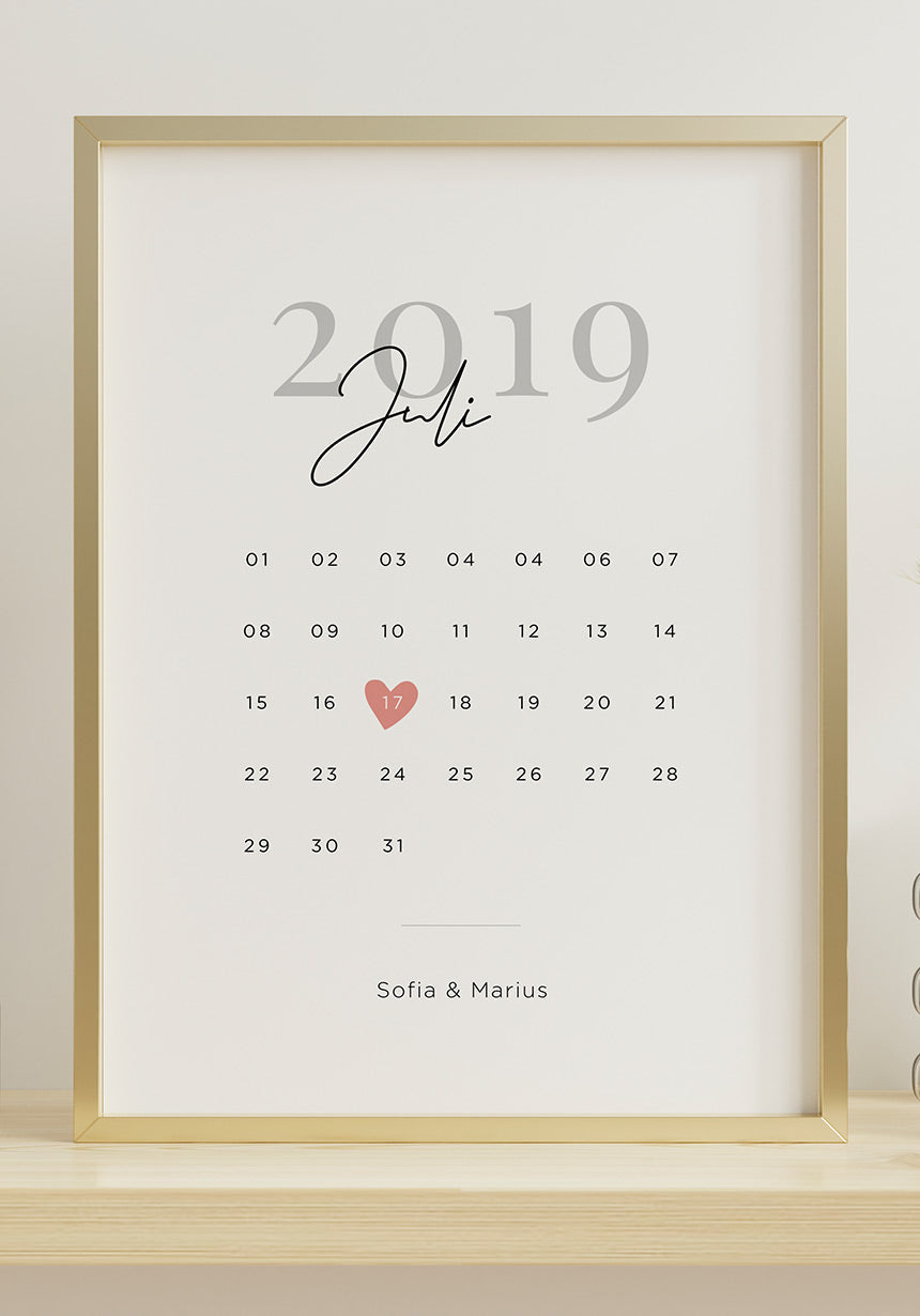 Personalisierbares Poster Kalender Jahrestag im goldenen Rahmen