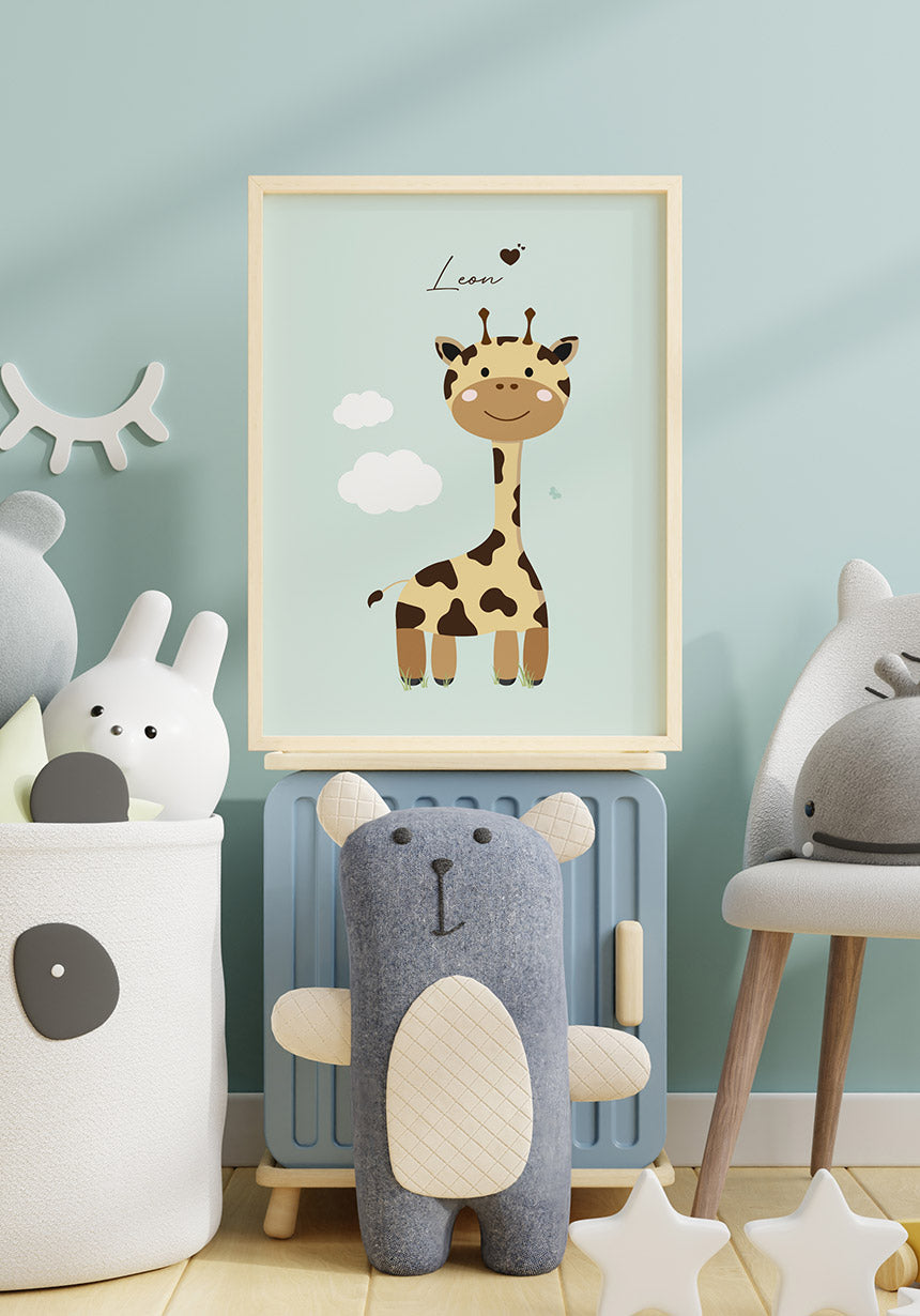 Personalisierbares Kinderposter Giraffe Holzrahmen