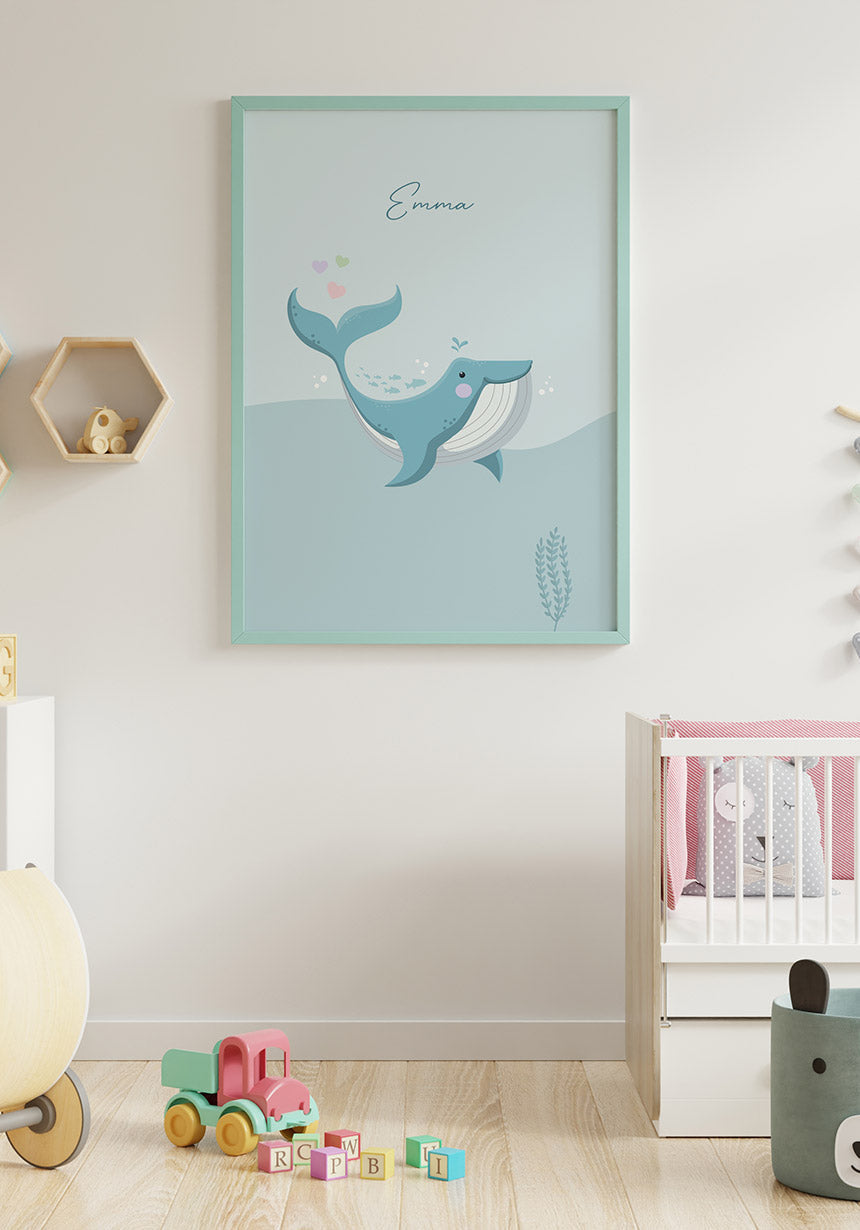 Süßer Wal mit Herzen Kinderposter Wunschname