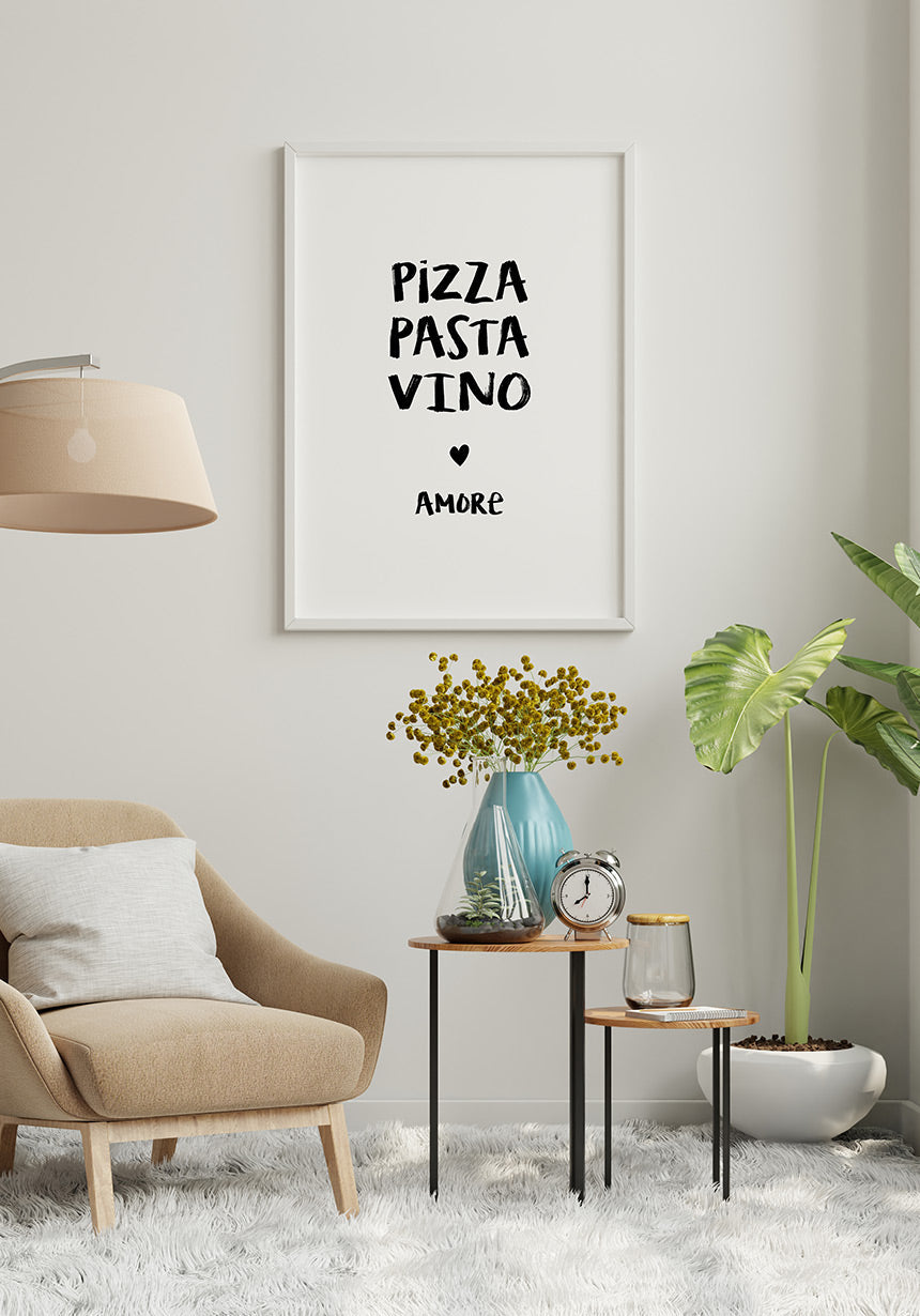 Pizza, Pasta, Vino & Amore Spruch Poster with picture frame