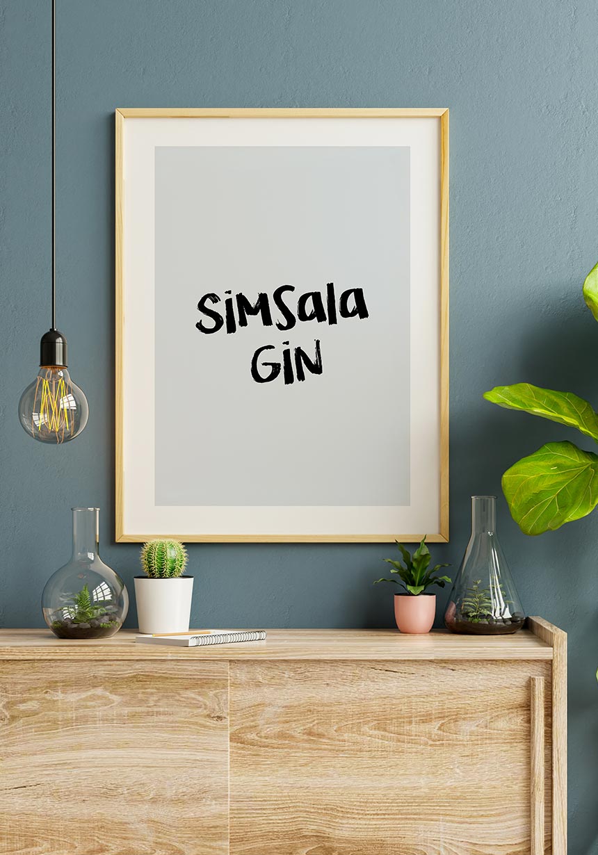 Poster Simsala Gin on blue wall