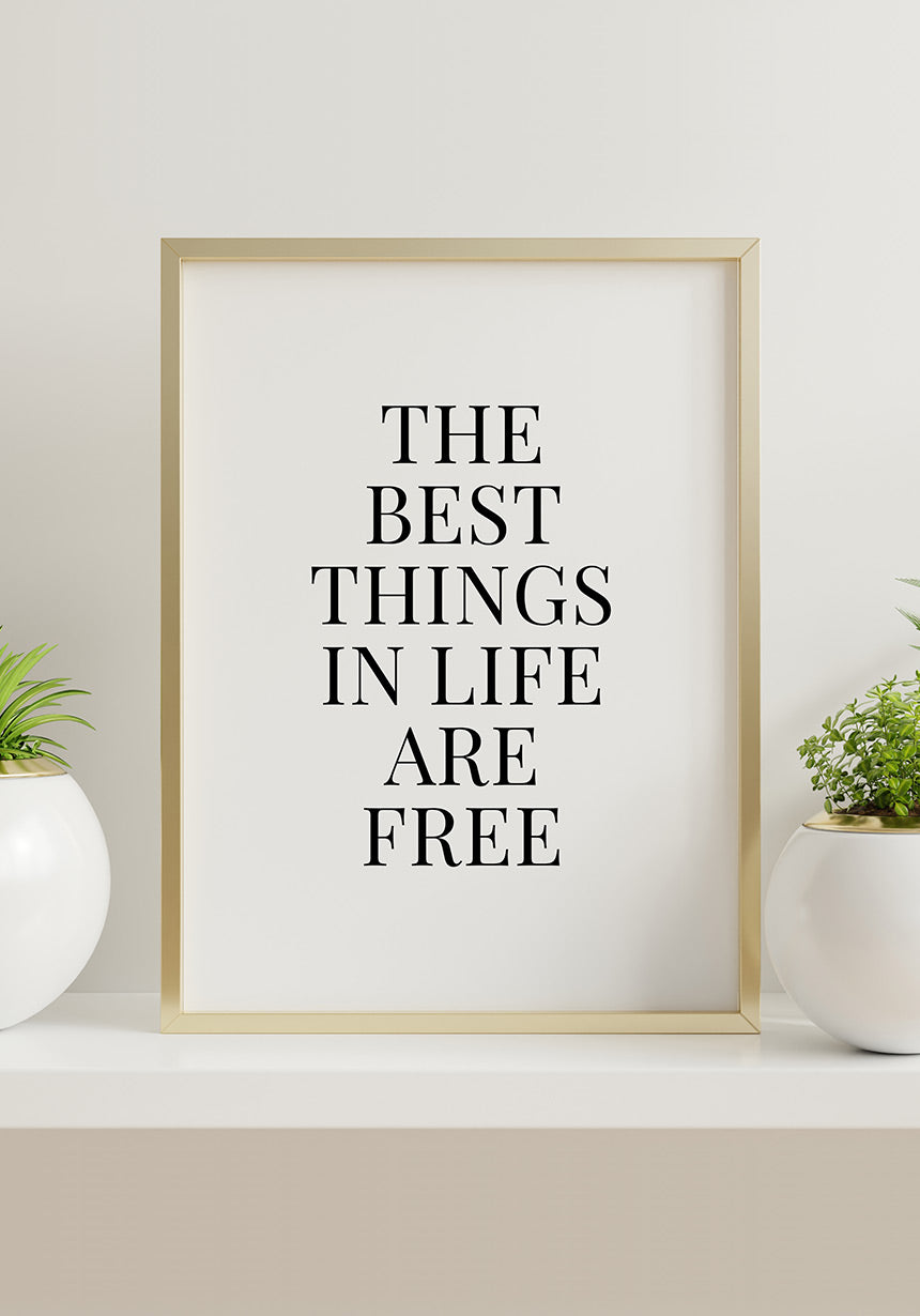 Poster the best things in life are free on a shelf