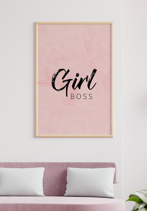 Typography Poster girl boss mary kay in living room over pink sofa
