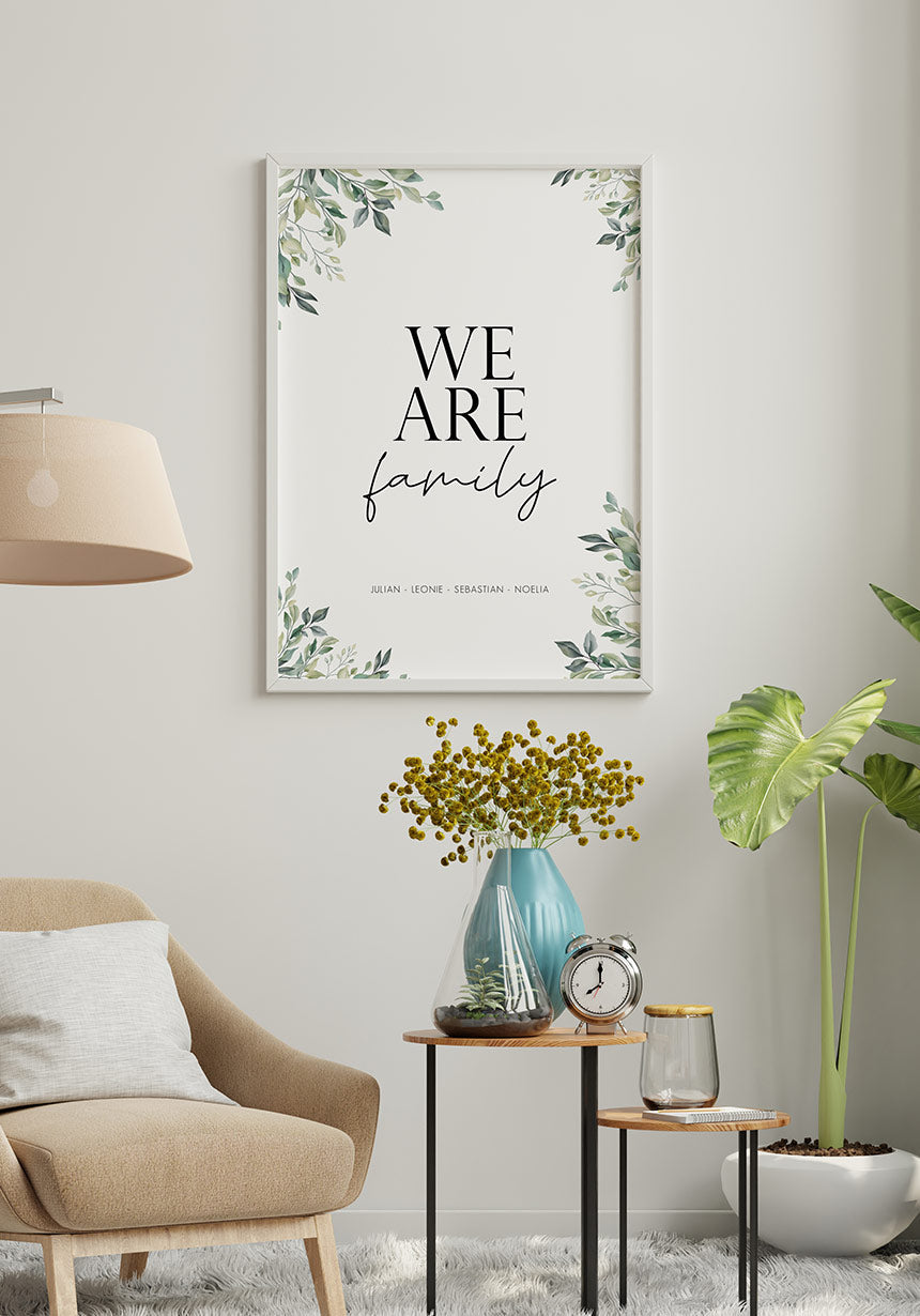 We are family personalisierbares Poster mit Eukalyptus Bilderrahmen