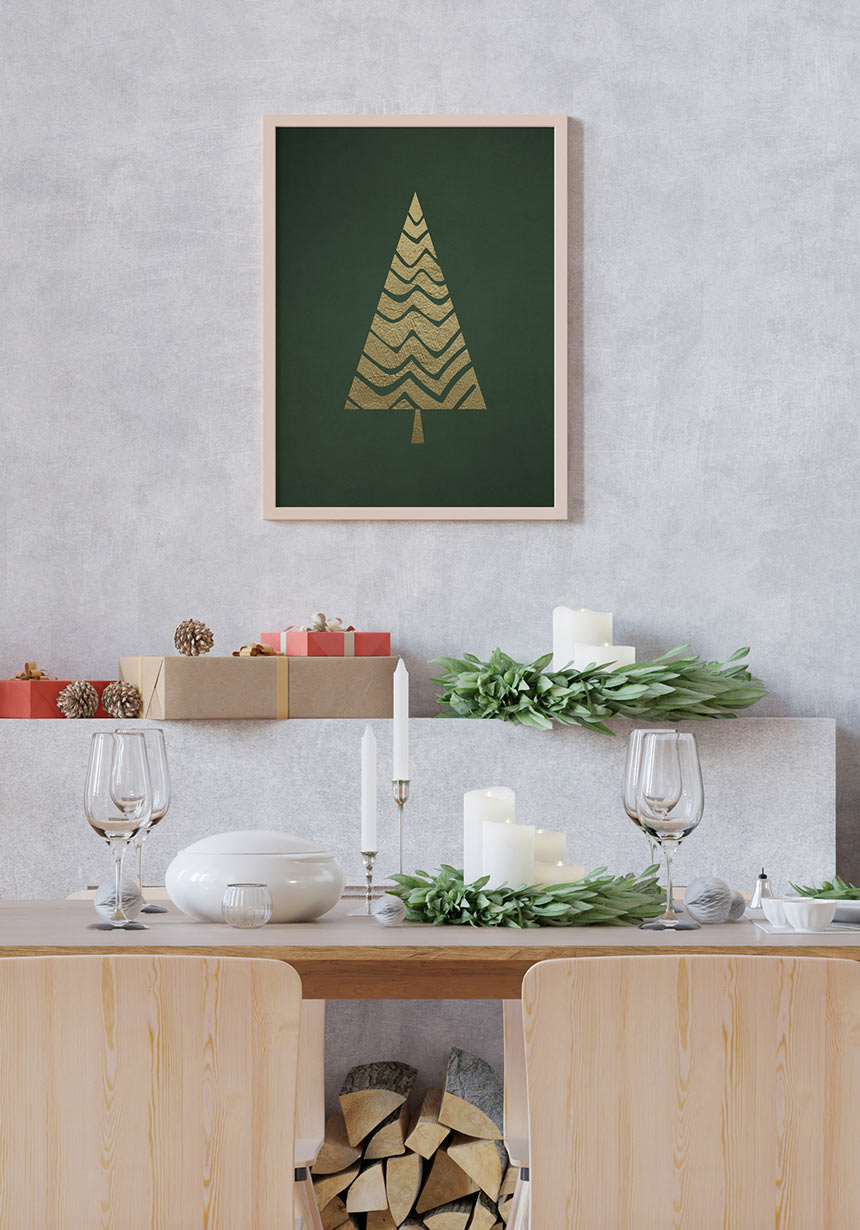 Poster Golden Christmas tree in black frame in the dining room
