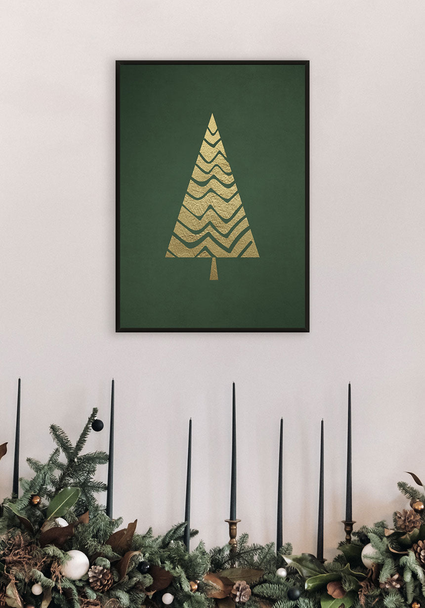 Poster Golden Christmas tree in black frame over fireplace
