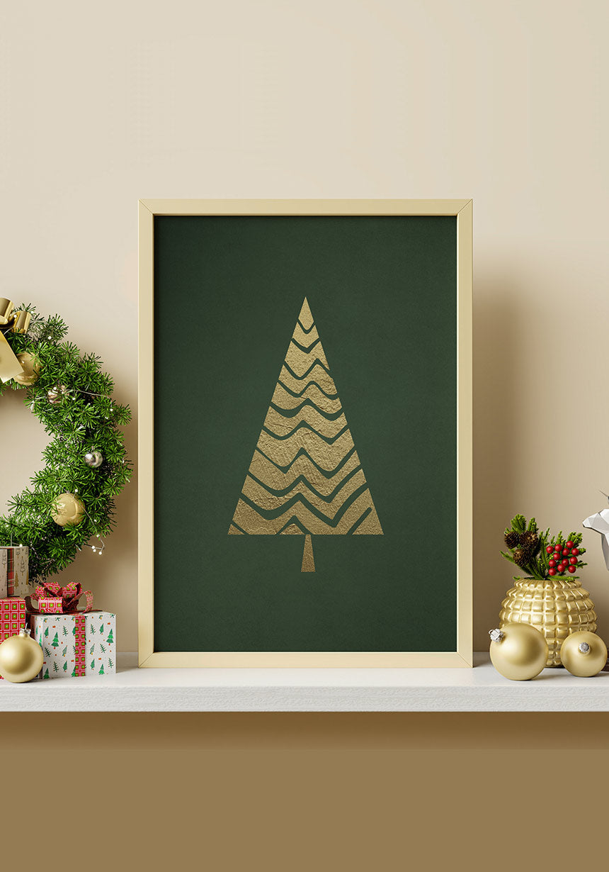 Poster Golden Christmas tree in black frame in golden frame